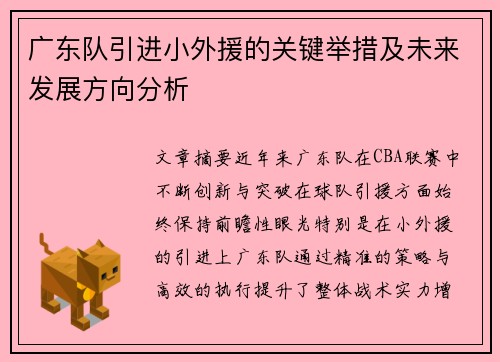 广东队引进小外援的关键举措及未来发展方向分析