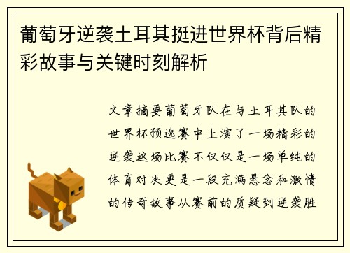 葡萄牙逆袭土耳其挺进世界杯背后精彩故事与关键时刻解析